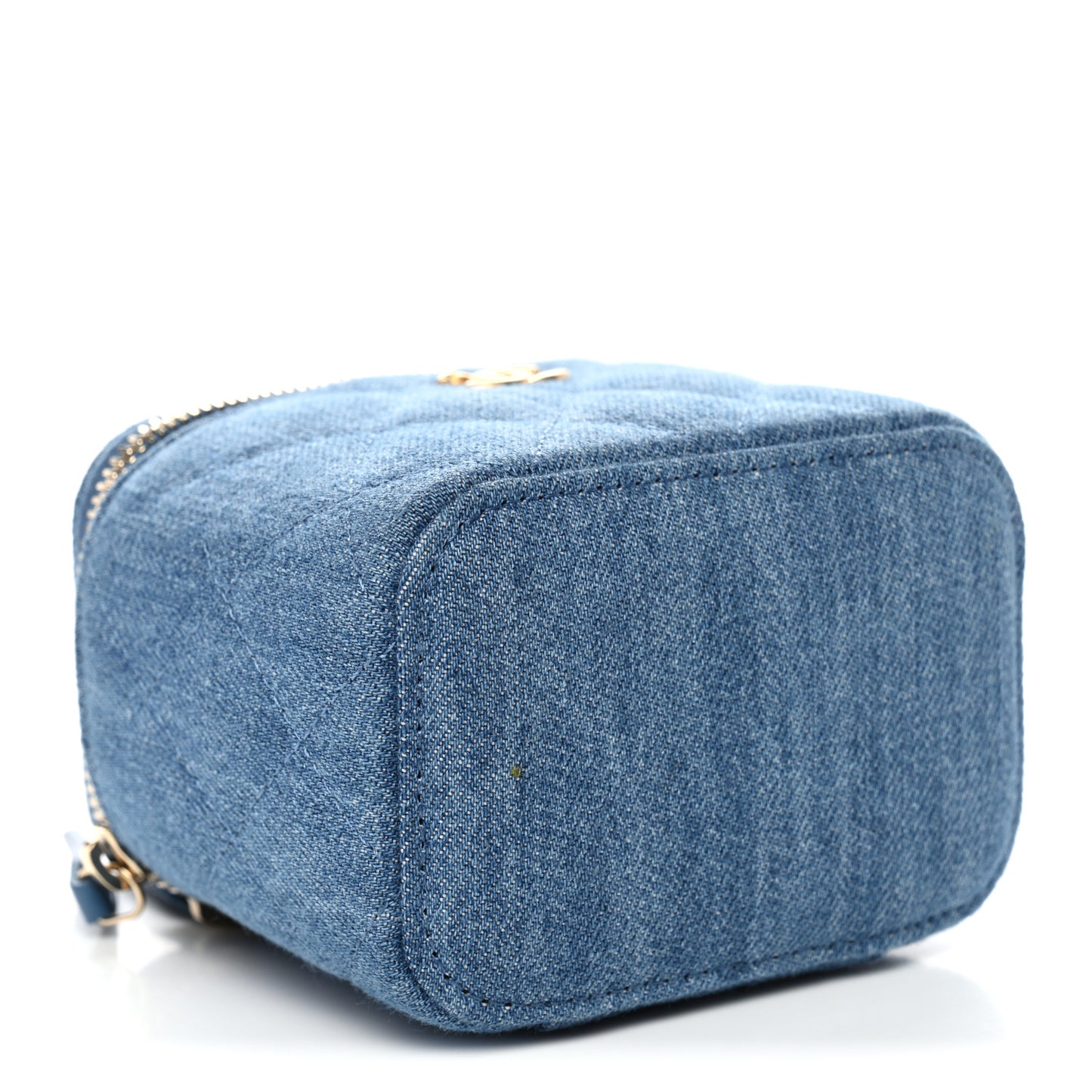 Denim Quilted Mini Pearl Crush Vanity Case With Chain