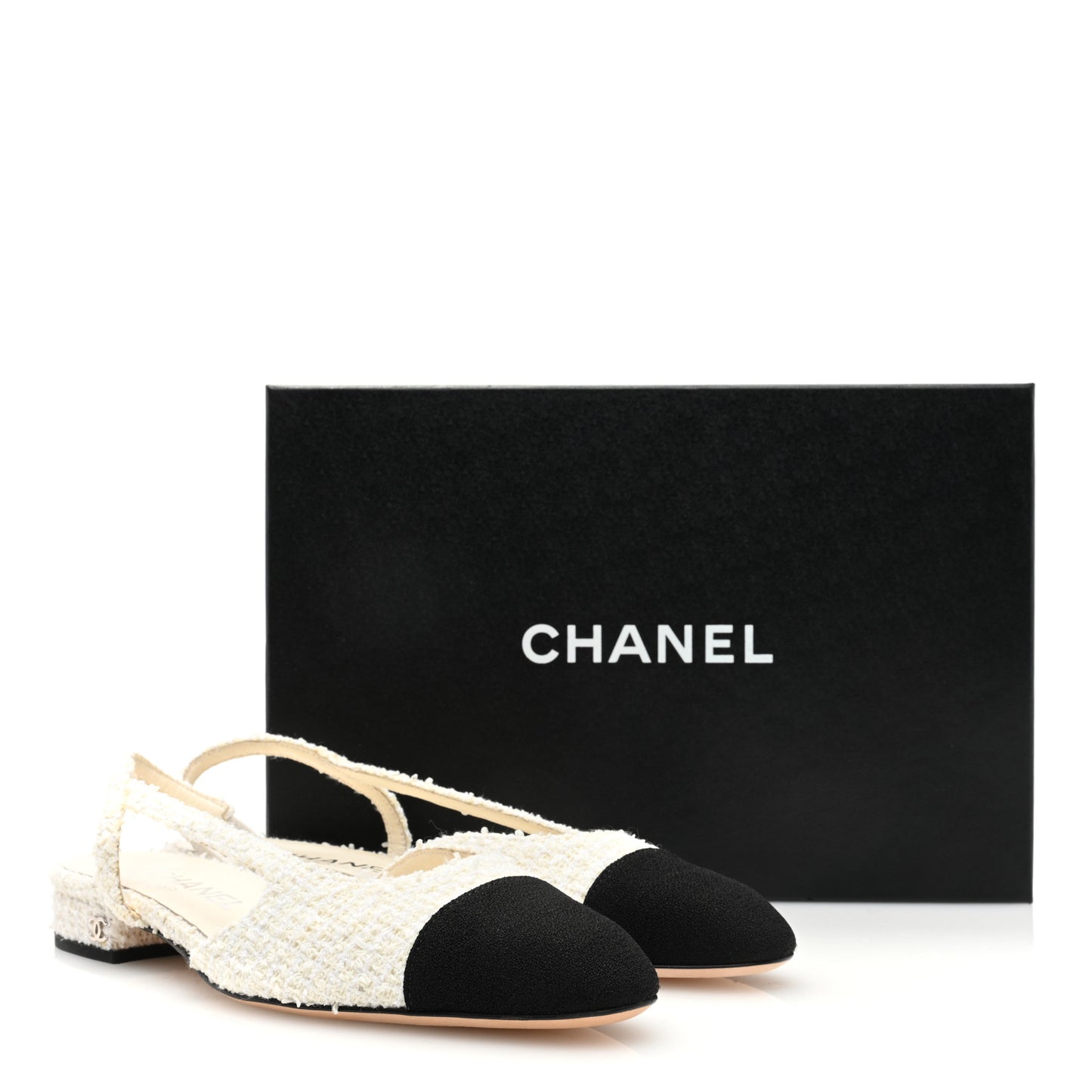 Tweed Cap Toe CC Slingback Flat 37.5 White Black