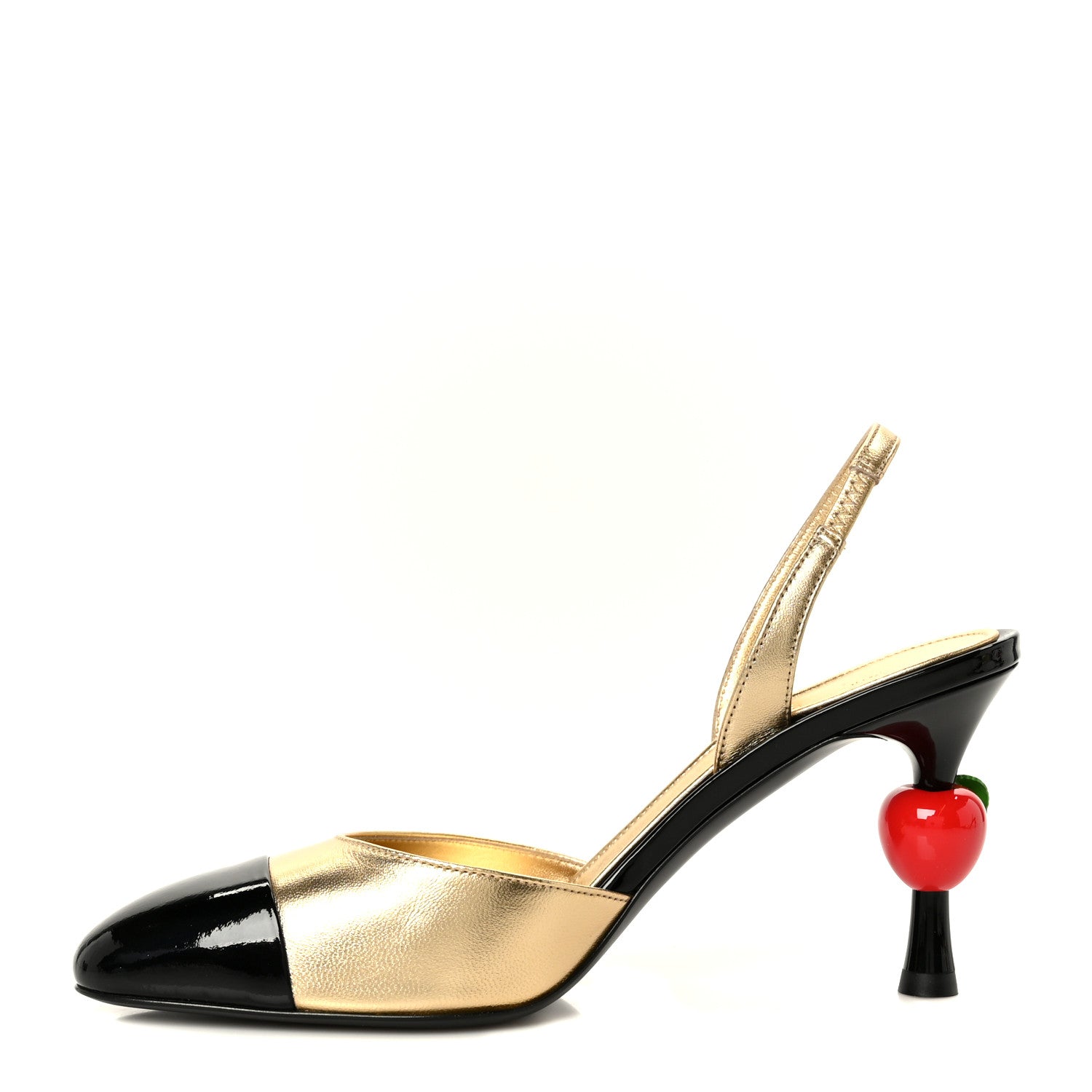 Chanel Lambskin Patent Cap Toe CC Apple Slingback Pumps 37 Gold Black 1 of 10
