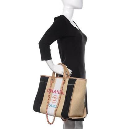 Chanel Straw Raffia Calfskin Striped Medium Deauville Tote Black Beige Ivory 3 of 12