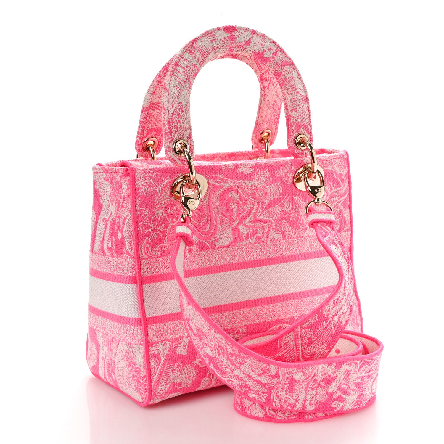 Christian Dior CHRISTIAN DIOR Canvas Toile De Jouy Reverse Embroidered Medium Lady D-Lite Fluorescent Pink 3 of 10