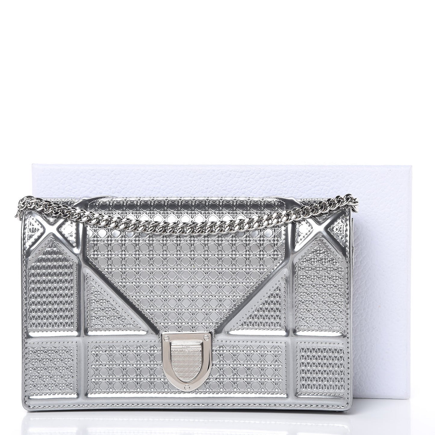 Metallic Patent Micro-Cannage Diorama Wallet on Chain Pouch Silver