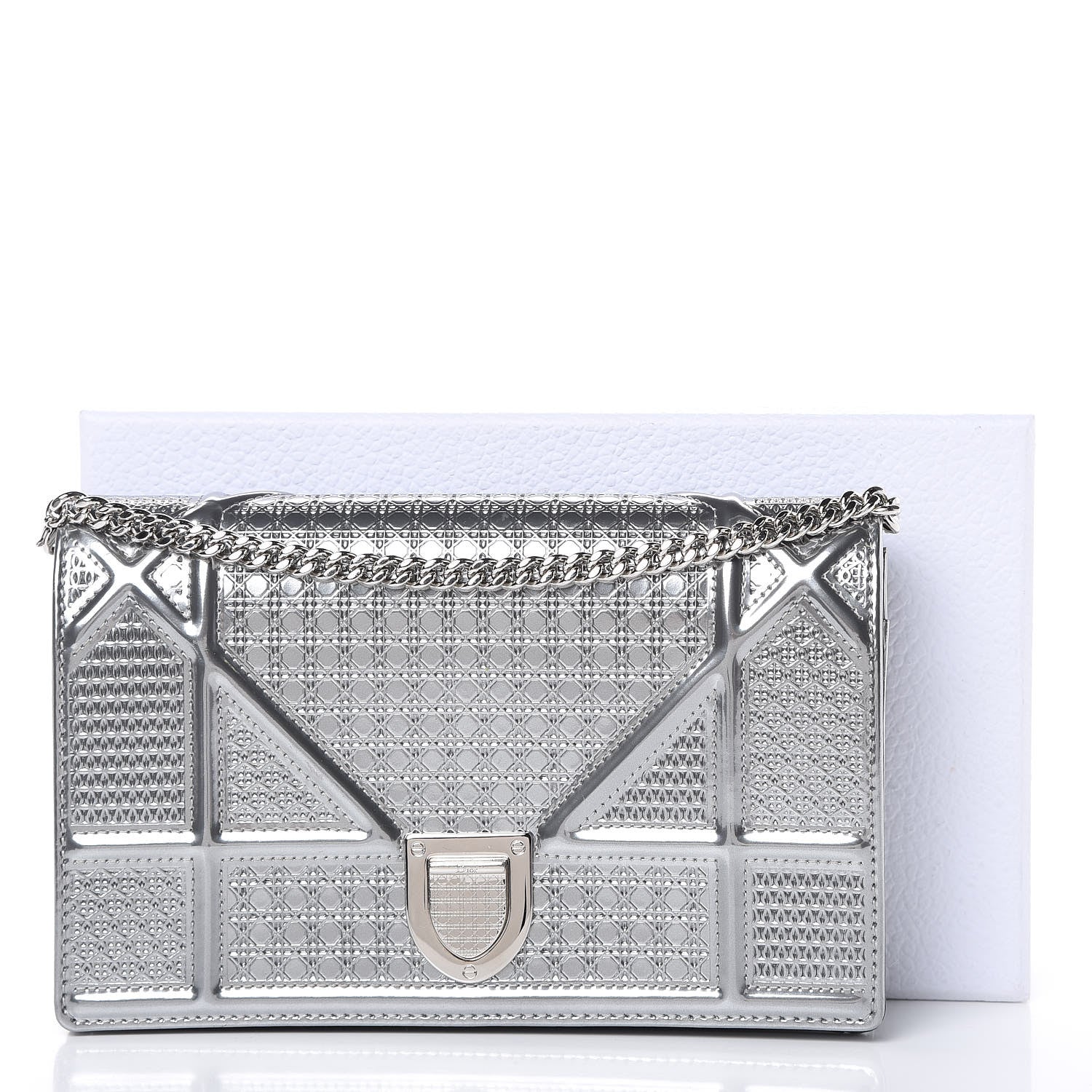 Christian Dior Metallic Patent Micro-Cannage Diorama Wallet on Chain Pouch Silver 11 of 11