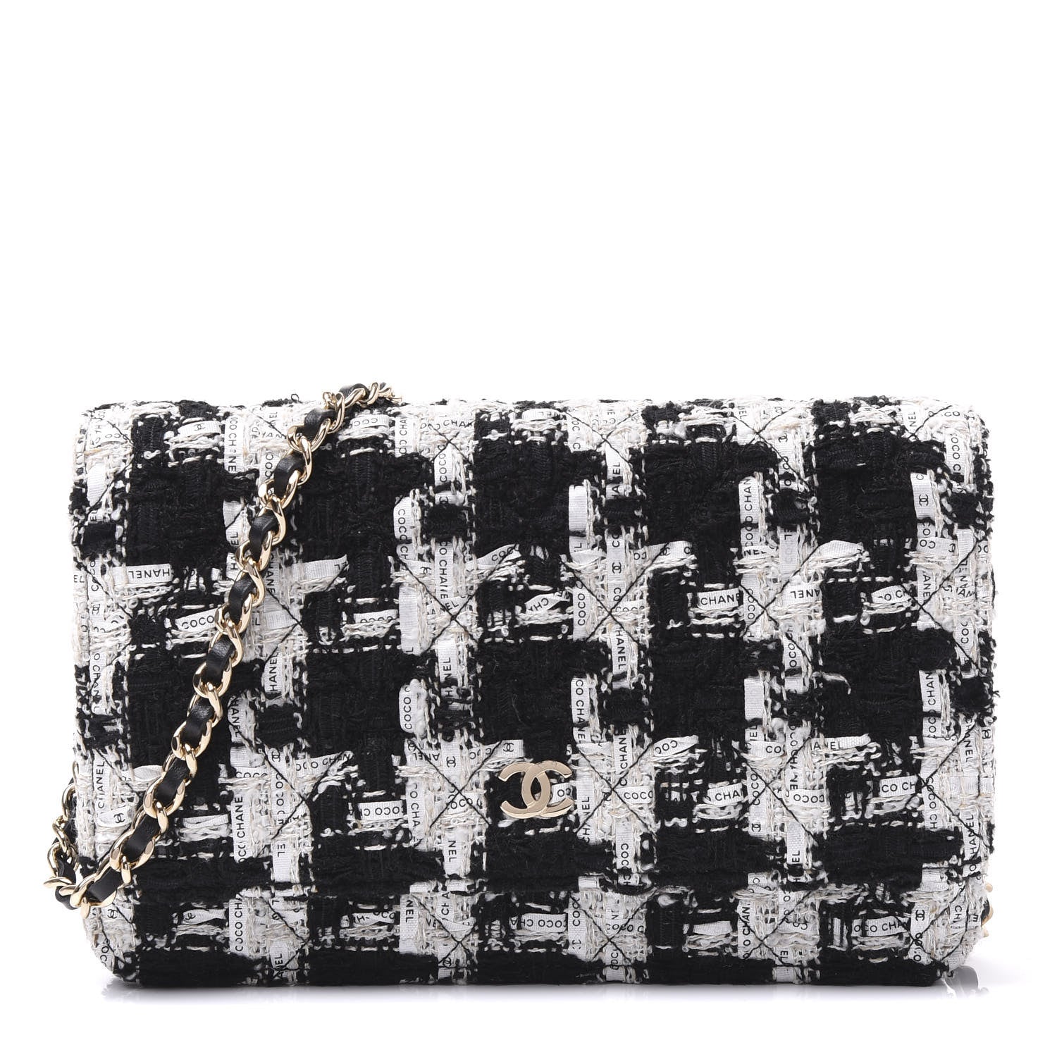 Chanel Tweed Quilted Wallet On Chain WOC Black Ecru White 1 of 11
