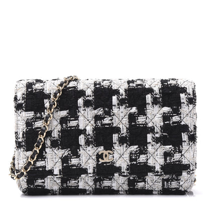 Chanel Tweed Quilted Wallet On Chain WOC Black Ecru White 1 of 11