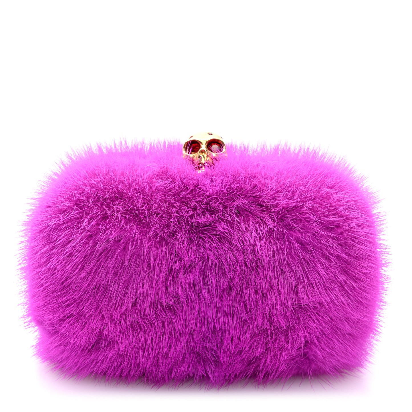 Mink Fur Britannia Skull Box Clutch Fuchsia