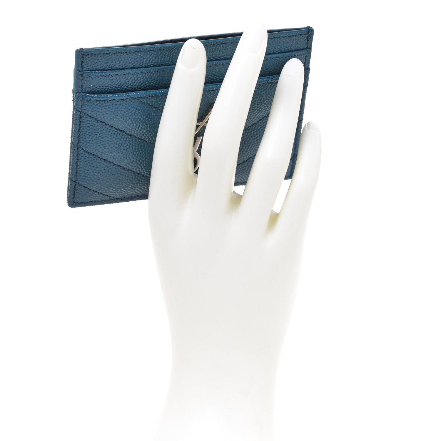 Saint Laurent Grain De Poudre Matelasse Chevron Monogram Credit Card Case Peacock Green 2 of 7