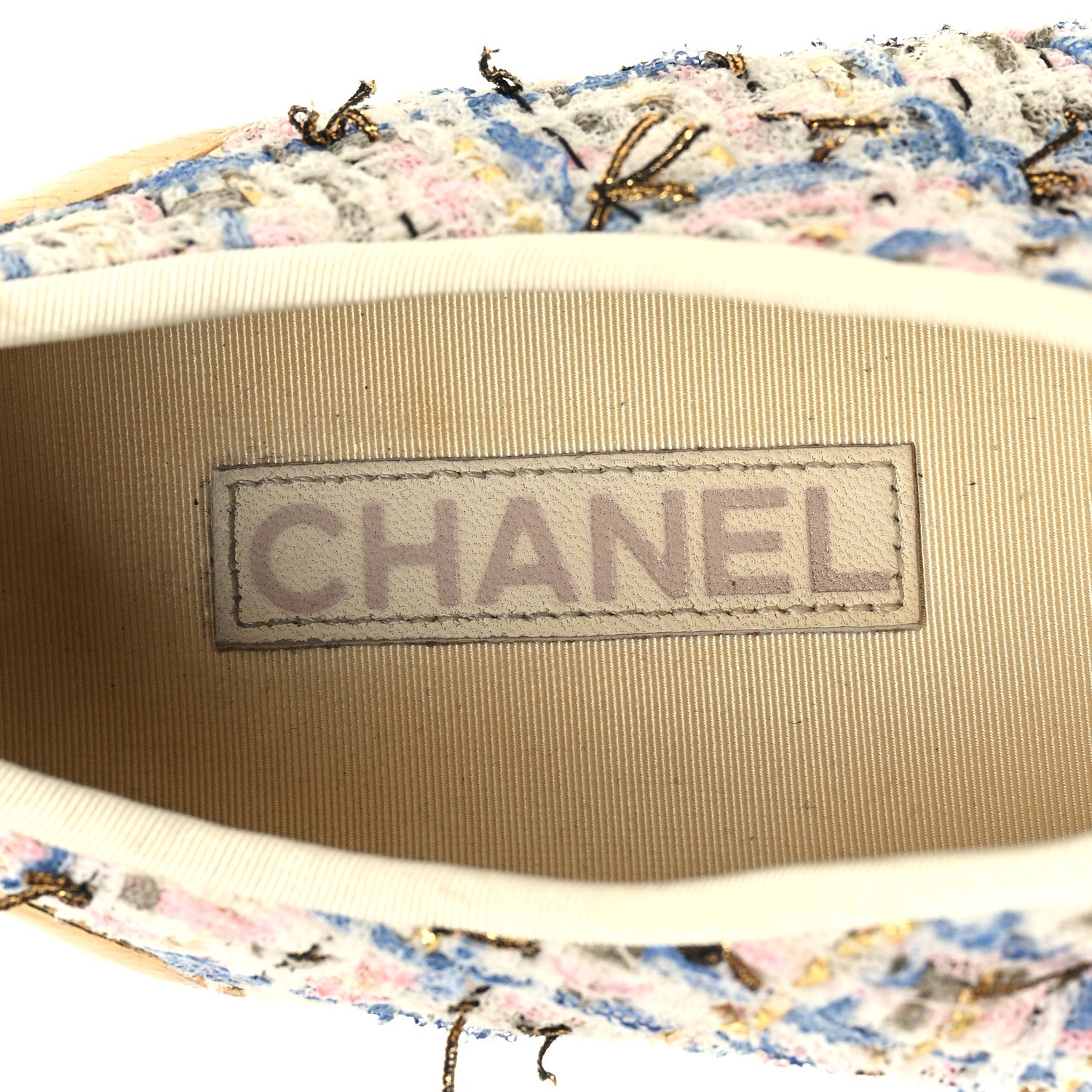 Chanel Tweed Laminated Lambskin Lace Up Espadrilles 39 Pink Blue Gold White 8 of 9