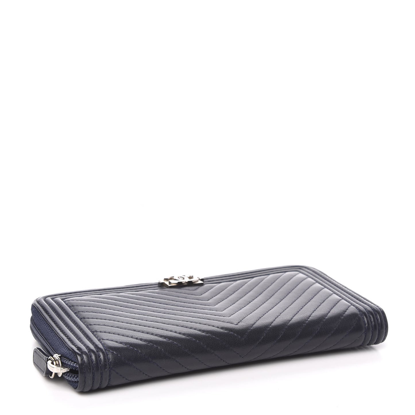 Lambskin Chevron Quilted Zip Around Boy Wallet Navy Blue