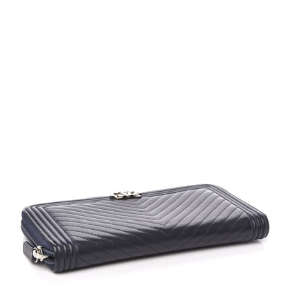 Chanel Lambskin Chevron Quilted Zip Around Boy Wallet Navy Blue 4 of 9