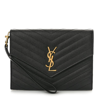 Saint Laurent Grain De Poudre Matelasse Chevron Monogram Envelope Clutch Black 1 of 8