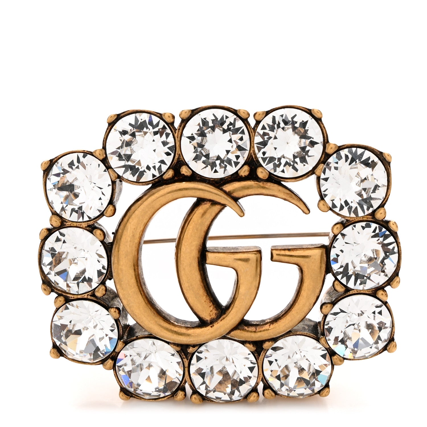 Gucci Metal Crystal Double G Brooch Aged Gold 1 of 4