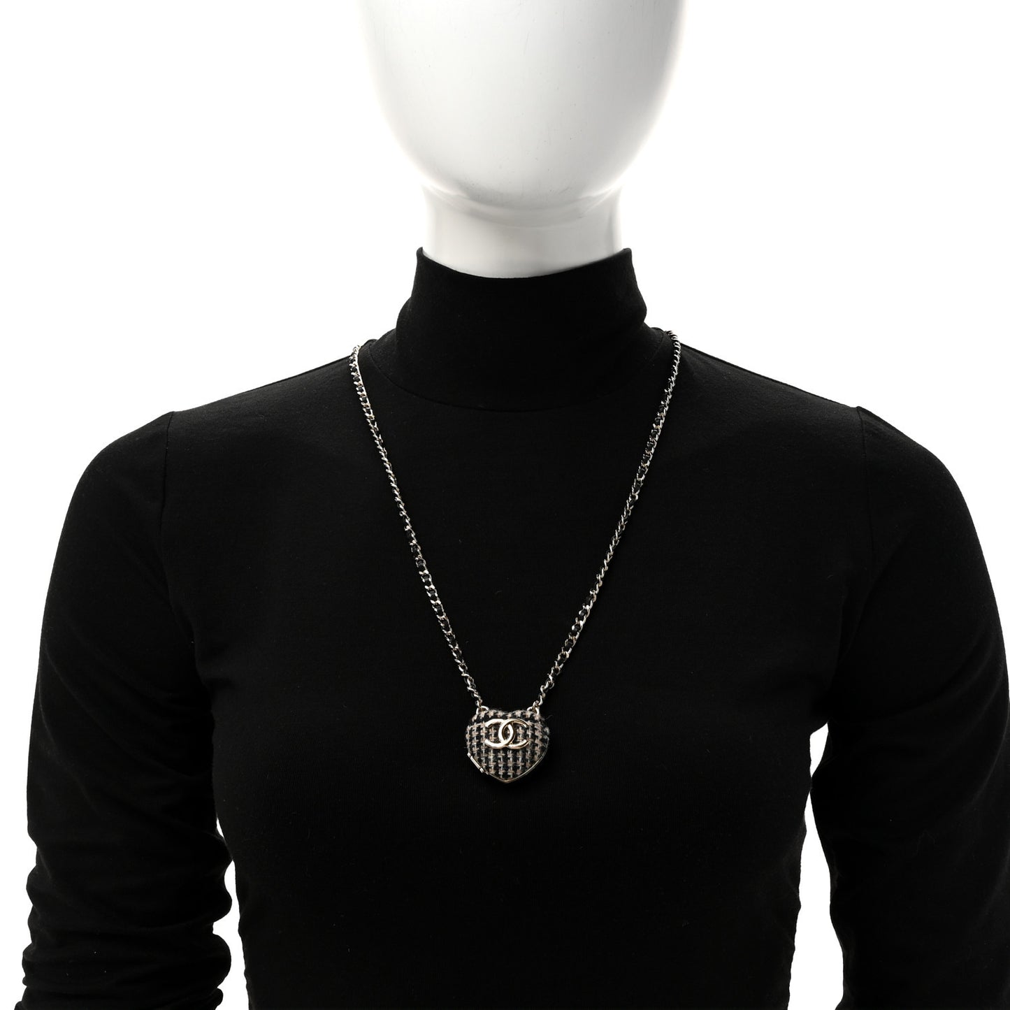 Tweed Lambskin CC Heart Locket Necklace Gold Black Beige