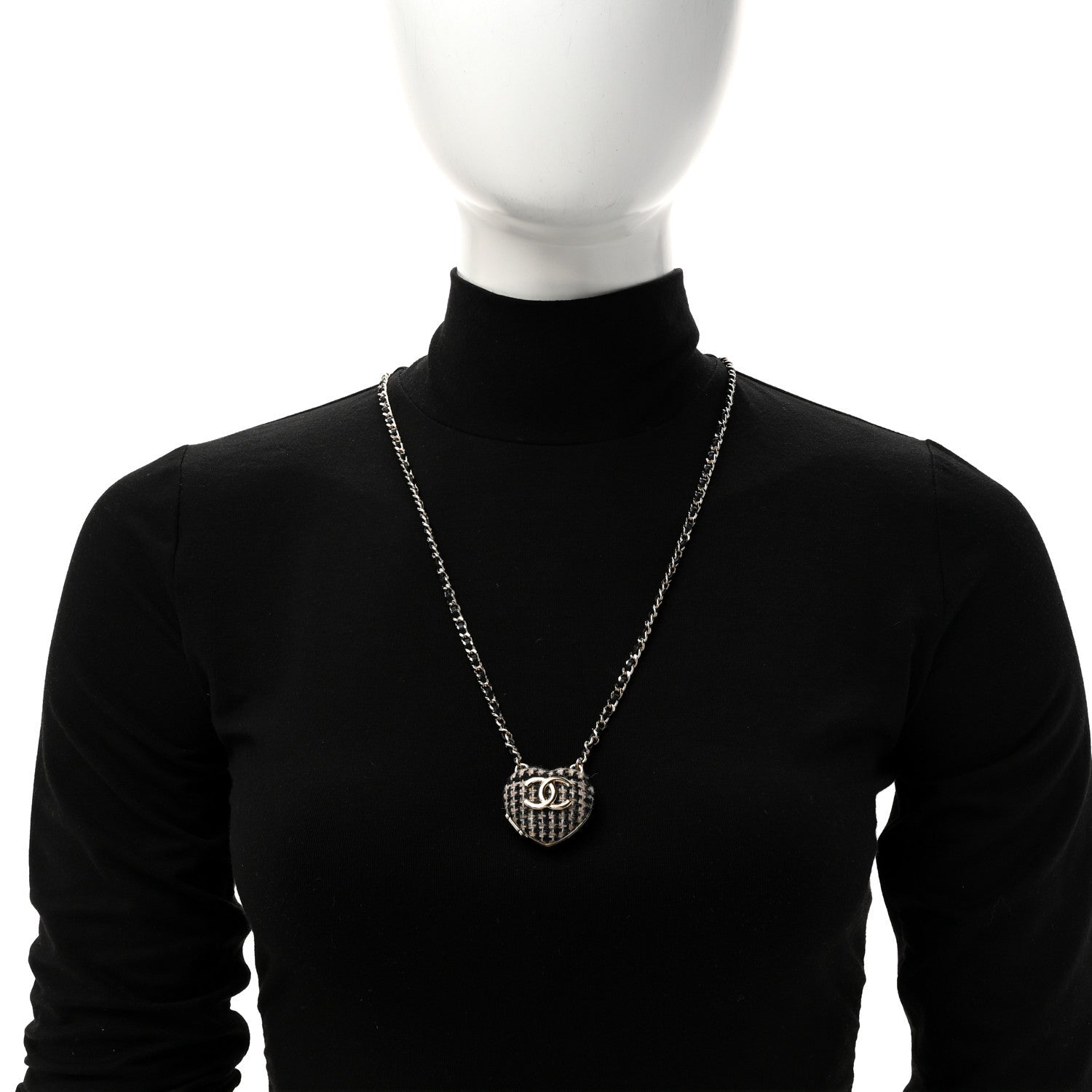 Chanel Tweed Lambskin CC Heart Locket Necklace Gold Black Beige 2 of 6