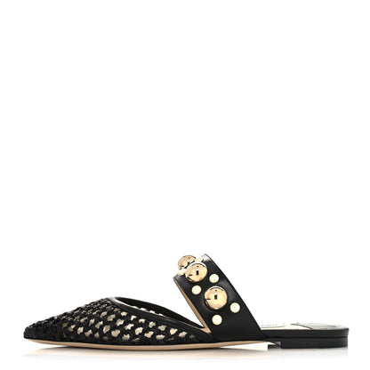 Jimmy Choo Raffia Nappa Basette Studded Flats 38.5 Black 1 of 7