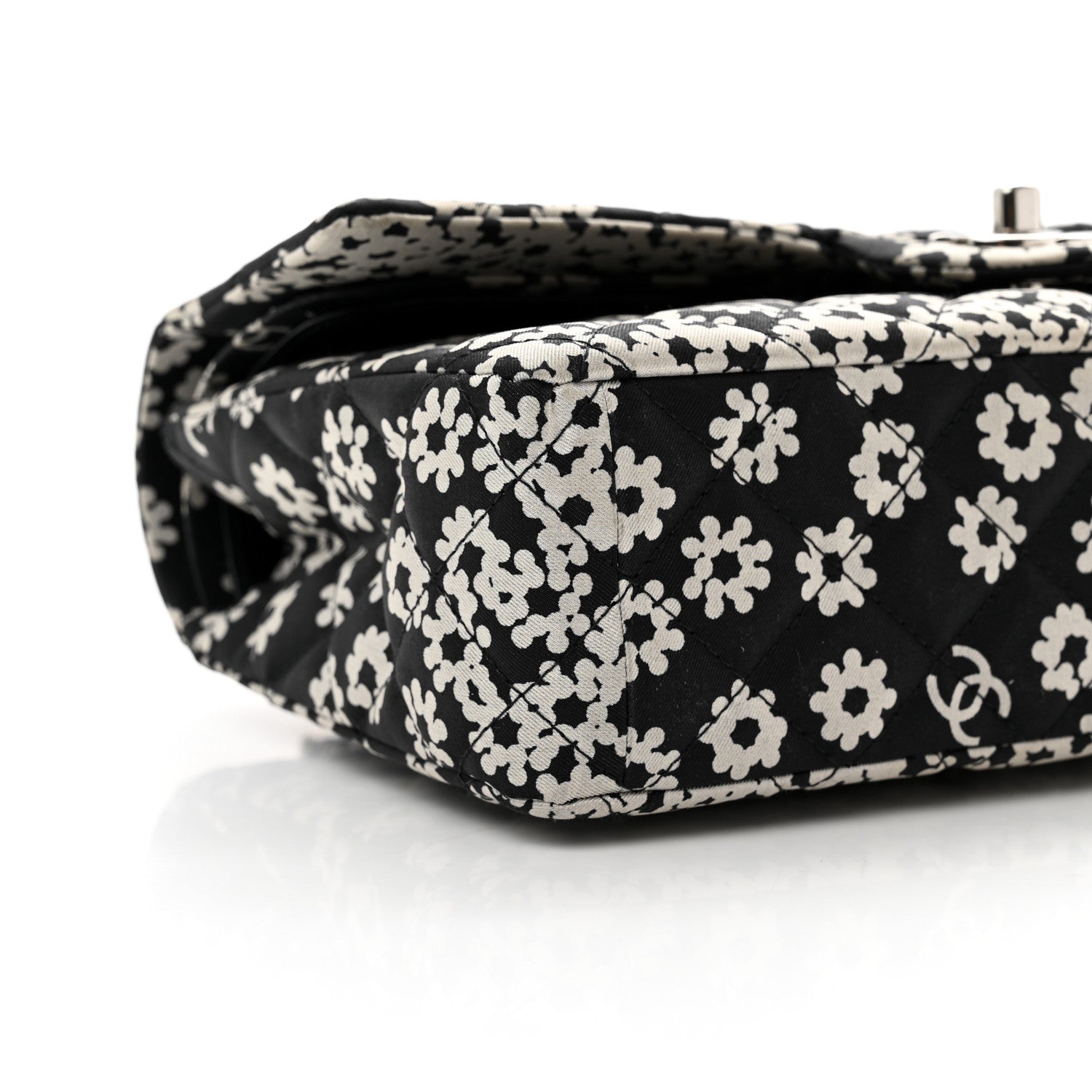 Chanel Canvas Floral Printed Quilted Medium Double Flap Black White 7 of 8