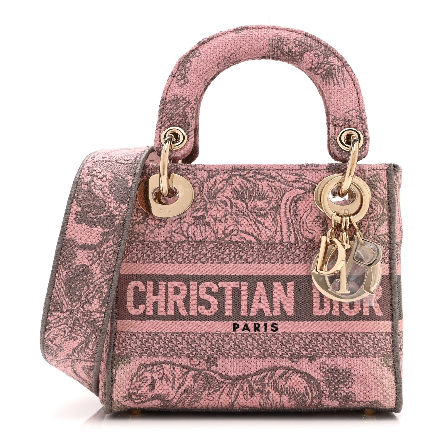Christian Dior Canvas Toile De Jouy Embroidered Mini Lady D-Lite Gray Pink 1 of 10
