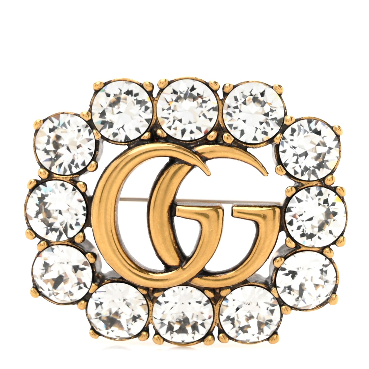 Metal Crystal Double G Brooch Aged Gold