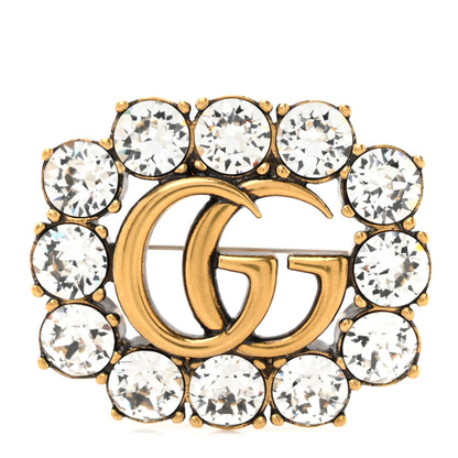 Gucci Metal Crystal Double G Brooch Aged Gold 1 of 4