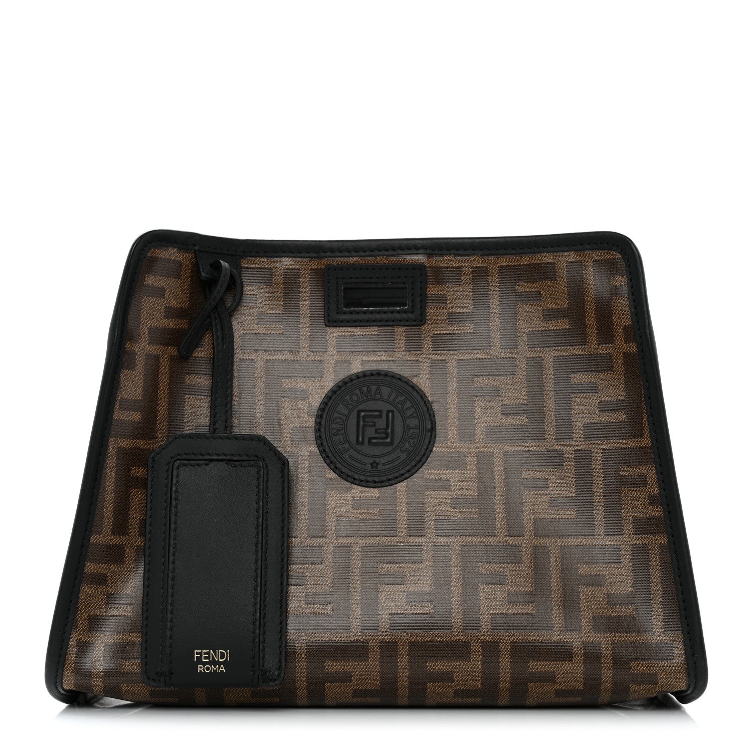 Fendi Glazed Fabric Vitello Century FF 1974 Stamp Patch Mini Peekaboo Defender Cover Mogano Panna Black 1 of 8