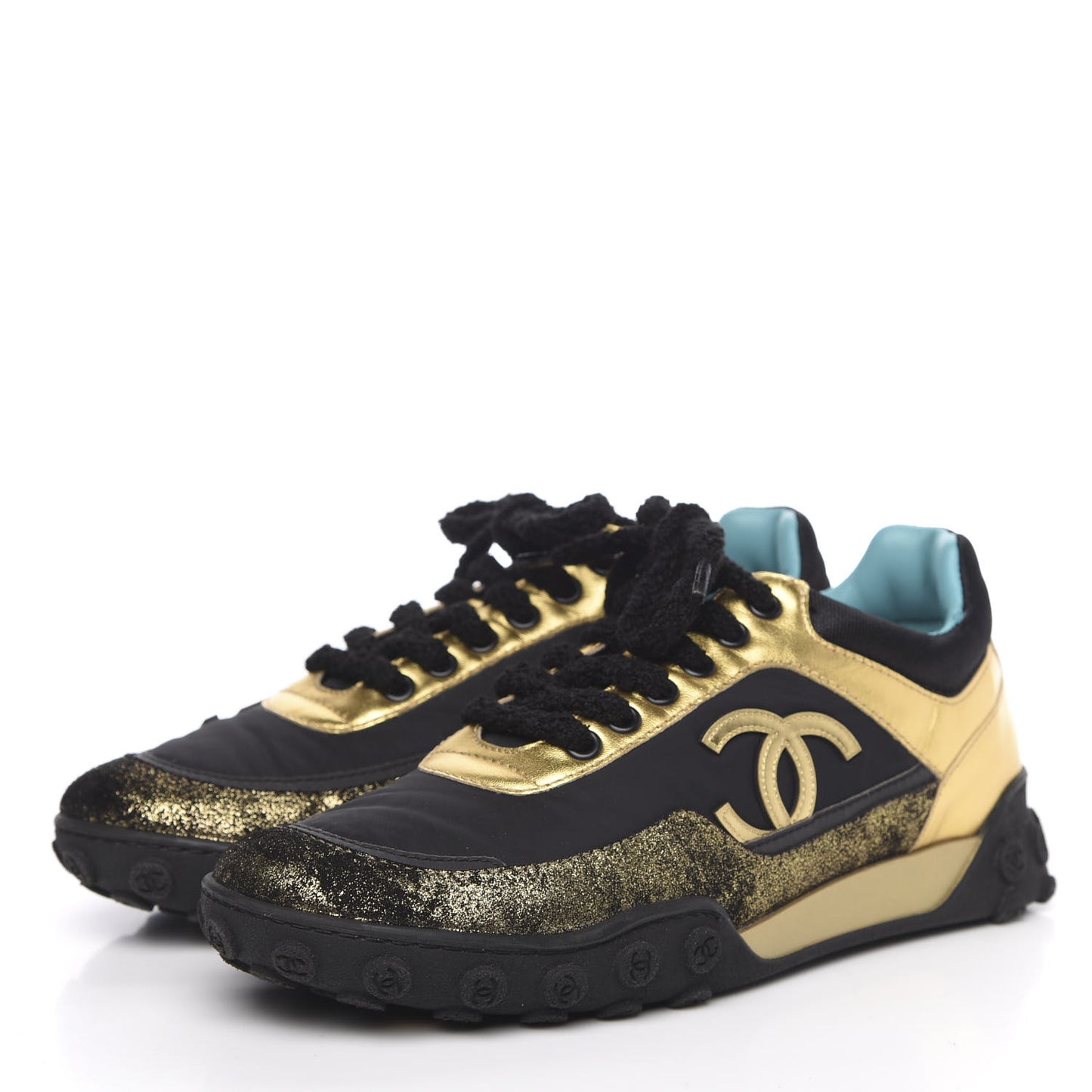 Metallic Lambskin Satin Finish Womens CC Sneakers 37 Black Gold
