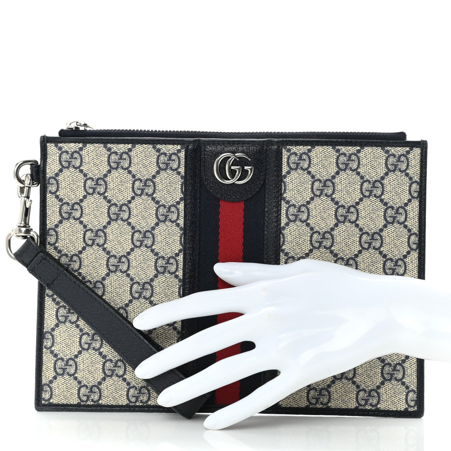 GG Supreme Monogram Textured Dollar Calfskin Web Ophidia Wristlet Pouch Beige Blue