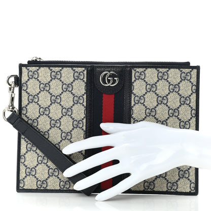 Gucci GG Supreme Monogram Textured Dollar Calfskin Web Ophidia Wristlet Pouch Beige Blue 2 of 9