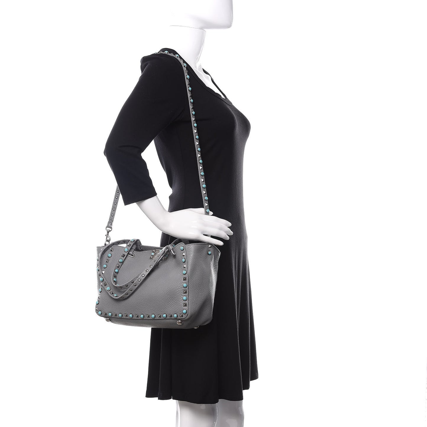 Grained Calfskin Turquoise Small Rockstud Rolling Tote Light Stone