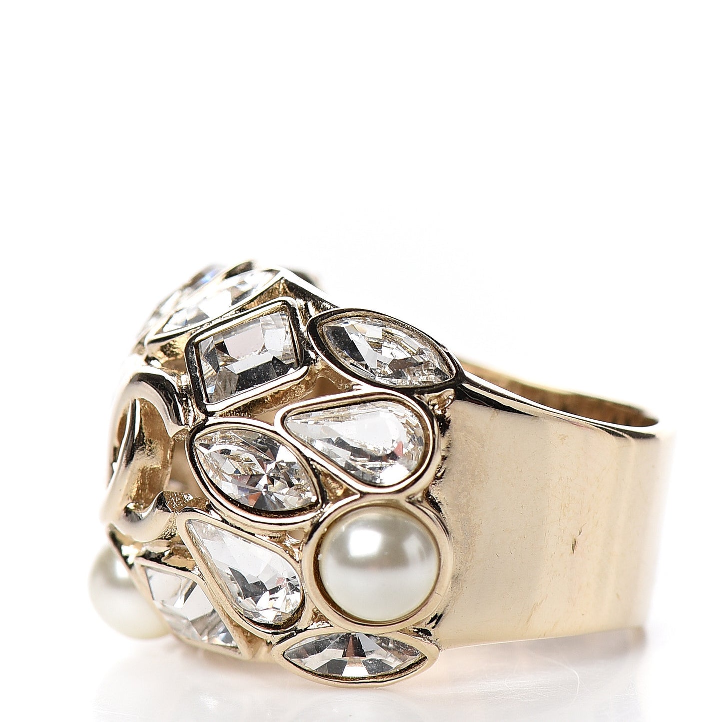 Metal Glass Pearl Strass Snowfall Ring 52 6 Light Gold