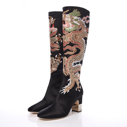 Gucci Silk Satin Malaga Kid Embroidered Candy Dragon Block-Heel Knee Boot 39 Black 6 of 14