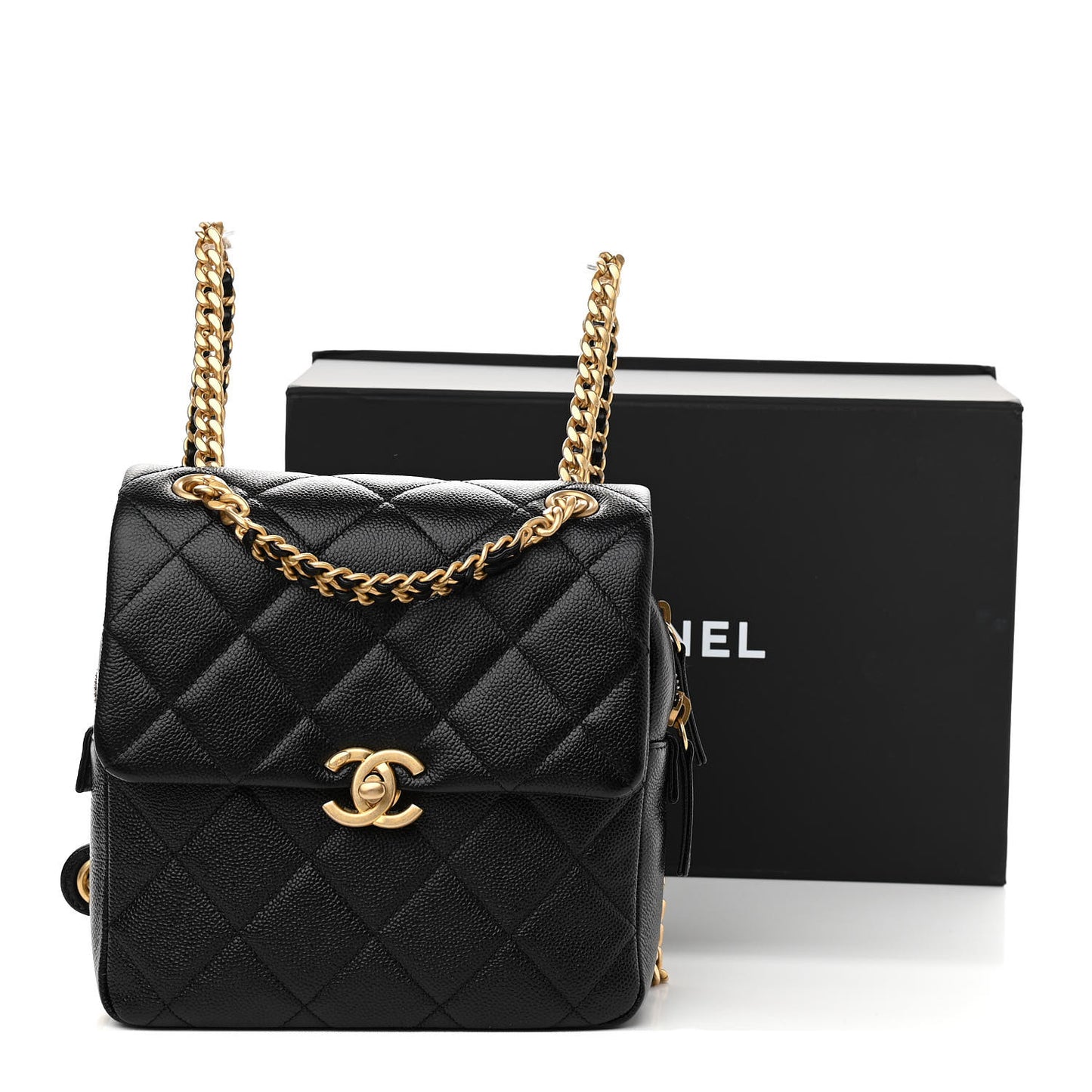 Shiny Caviar Quilted Chain Melody Backpack Black