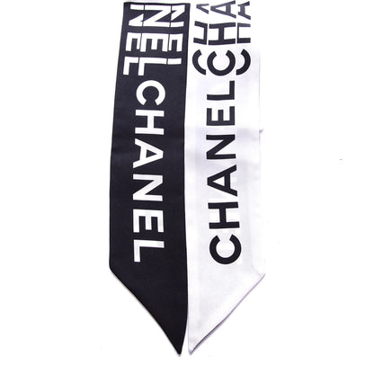 Chanel Silk Logo Slim Bandeau Scarf Black White 2 of 3