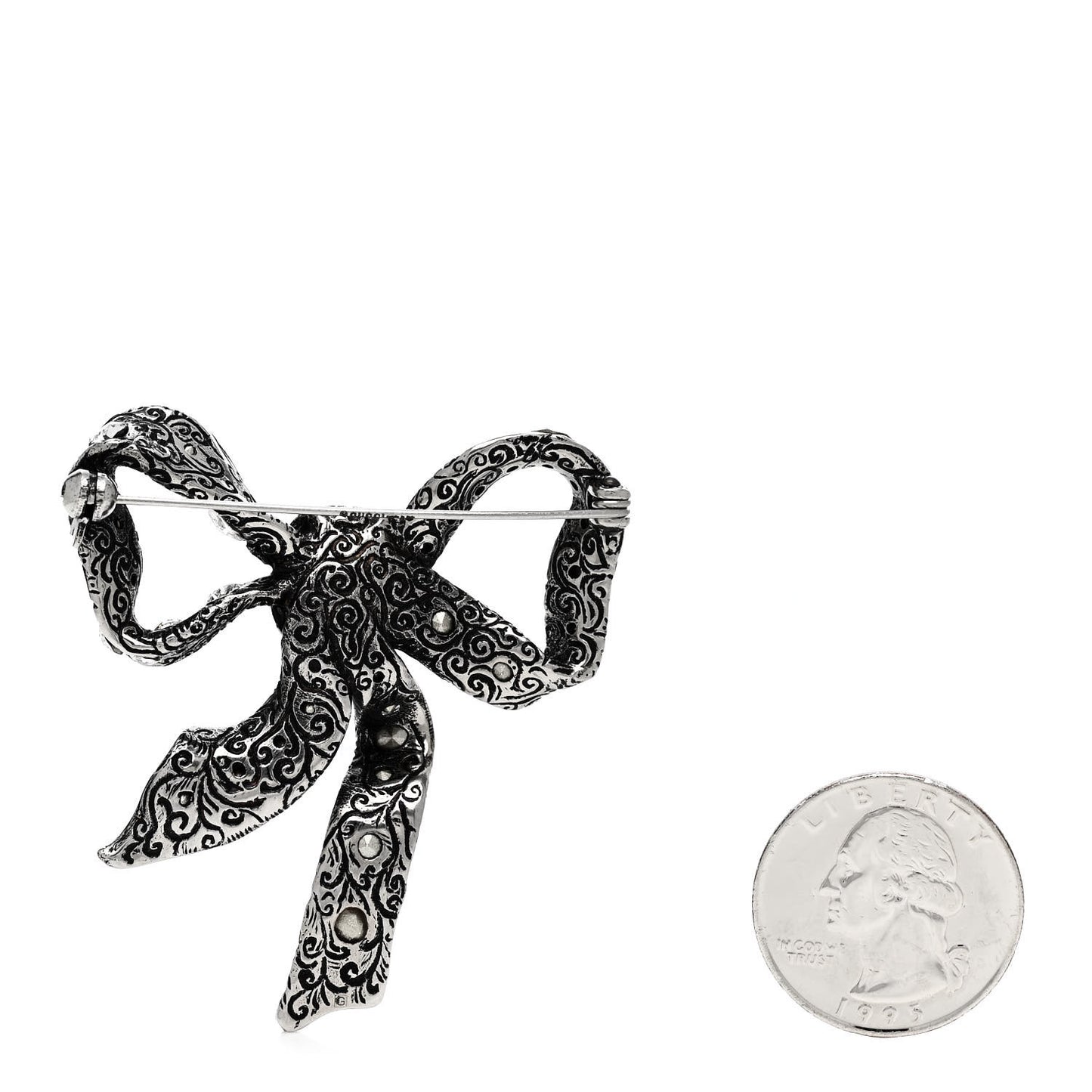 Metal Crystal Bow Brooch Silver