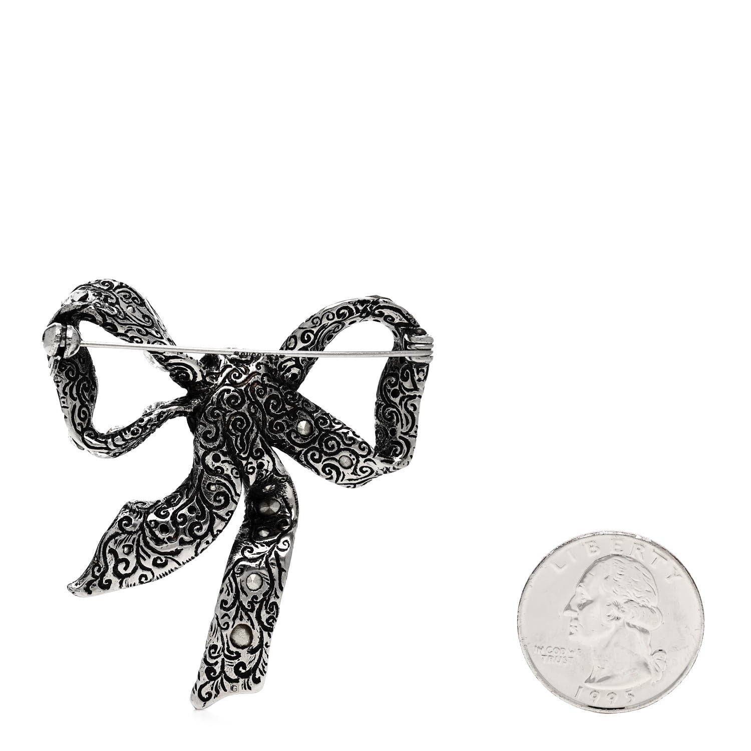 Gucci Metal Crystal Bow Brooch Silver 2 of 3