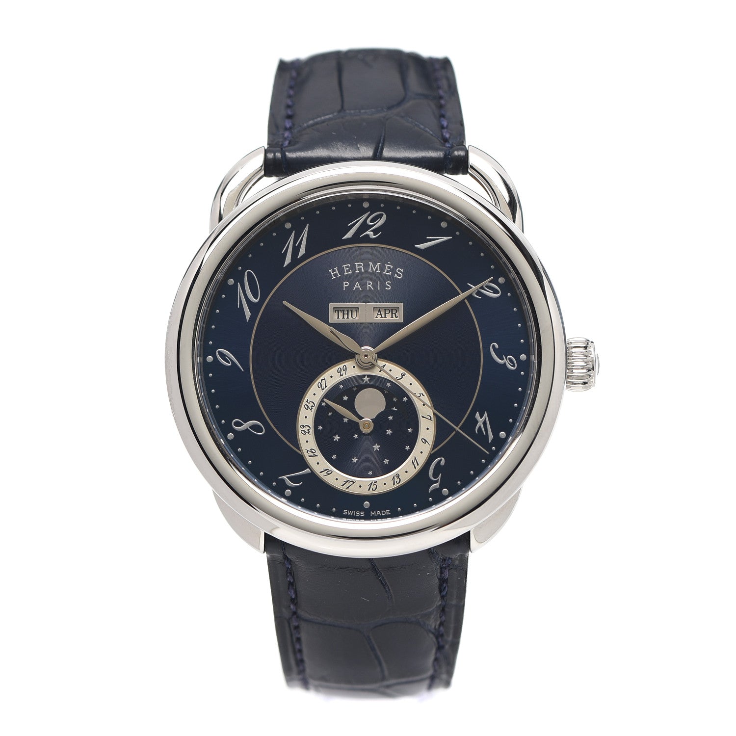 Hermes Stainless Steel Alligator 43mm Arceau Grande Lune Automatic Watch Bleu Abysse 1 of 6