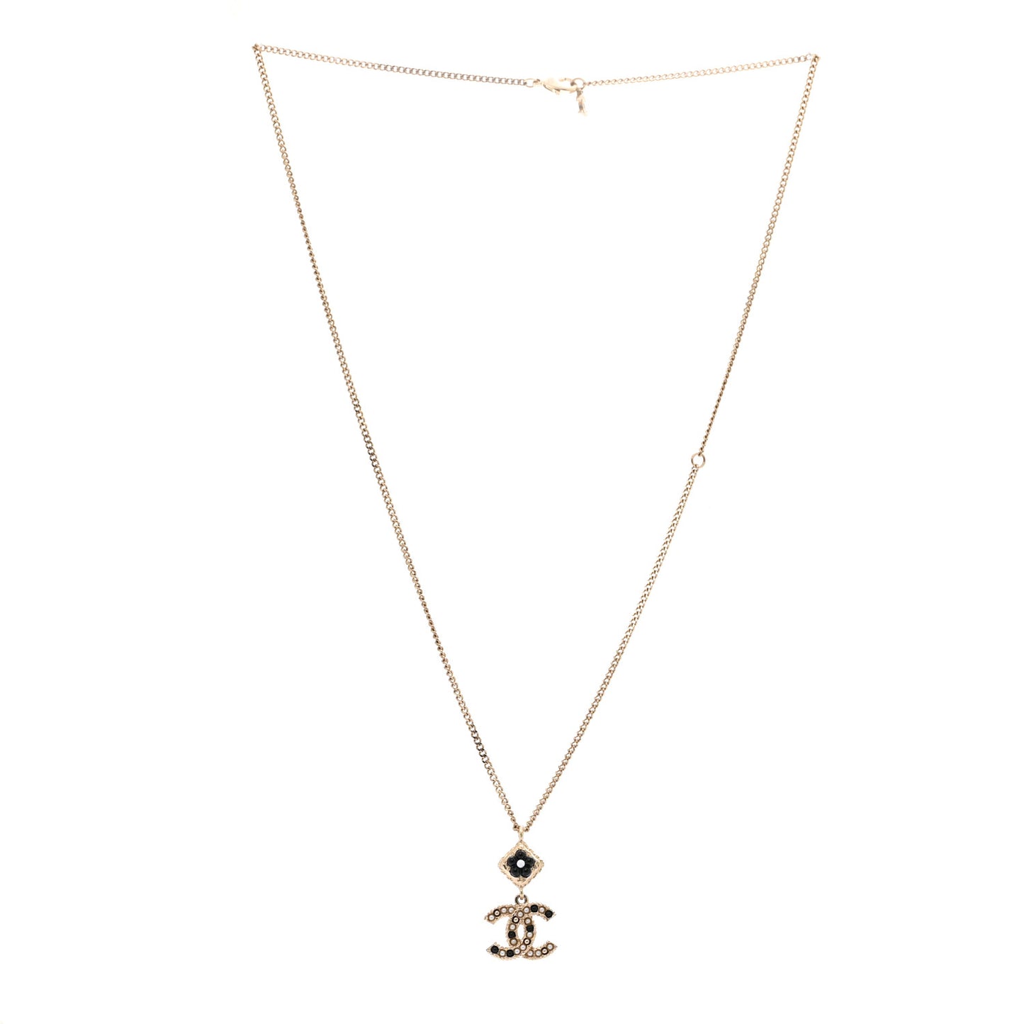 Chain CC Drop Necklace Gold Pearly White Black