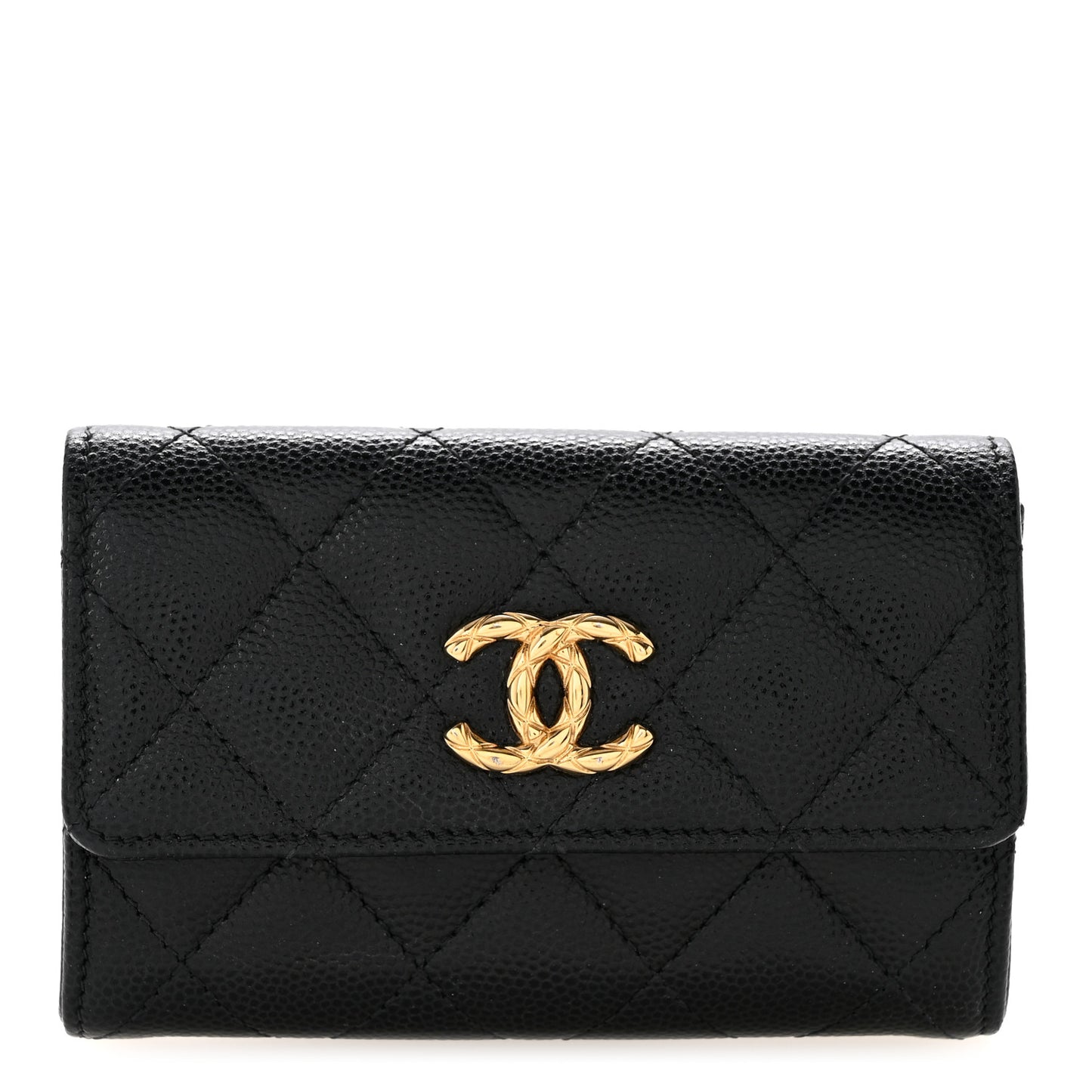 Caviar Quilted Chain CC Quilted Compact Flap Card Holder Black