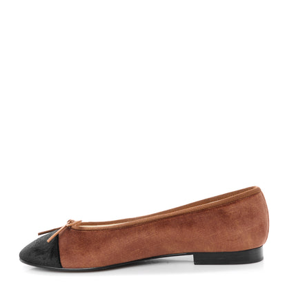 Chanel Velvet Cap Toe CC Ballerina Flats 37.5 Brown Black 1 of 10