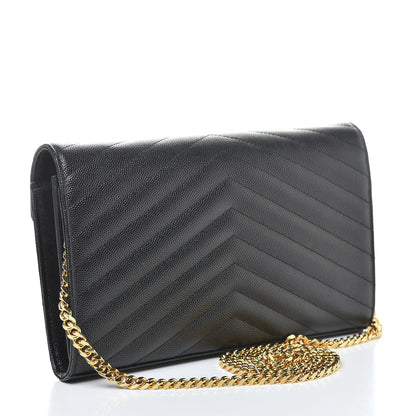 Saint Laurent Grain De Poudre Matelasse Chevron Monogram Chain Wallet Black 3 of 9