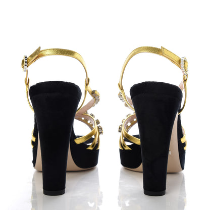 Gucci Velvet Nappa Crystal Zephyra Slingback Platform High Heel Sandals 38.5 Black Gold 3 of 8