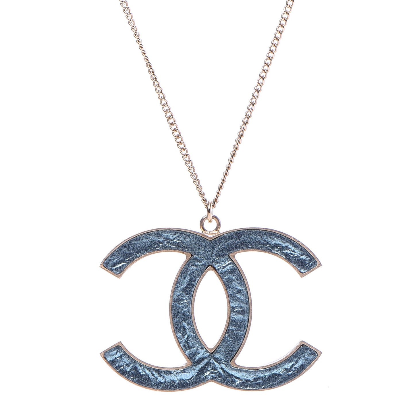 Metal Textured CC Pendant Necklace Blue