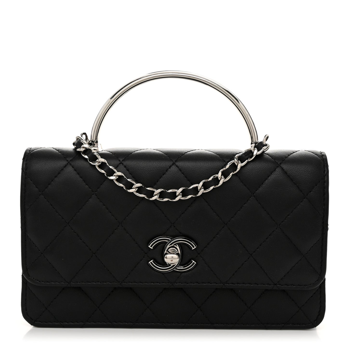 Lambskin Quilted Metal Top Handle Crossbody Flap Black