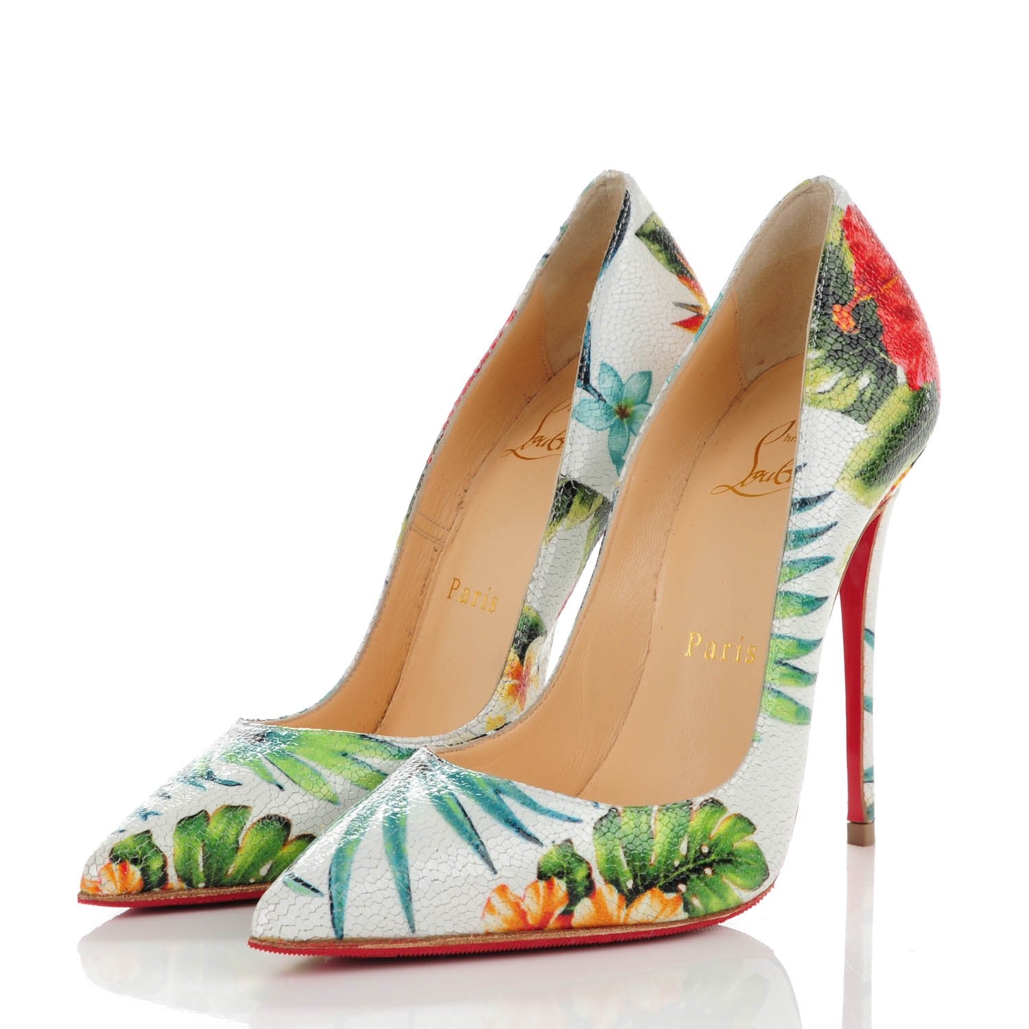 Christian Louboutin Crackled Calfskin Hawaii Print So Kate 120 Pumps 34 White Multi 3 of 7