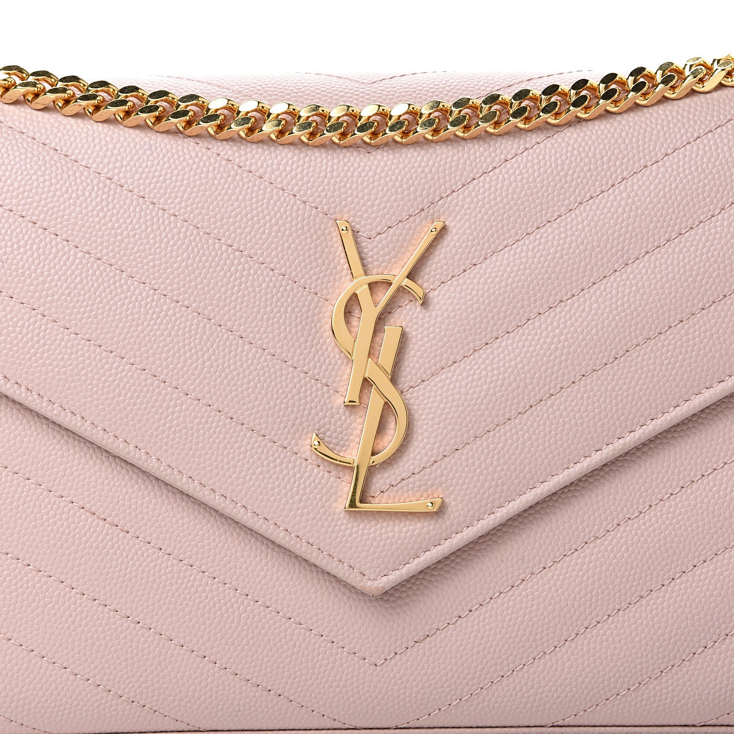 Saint Laurent Grain De Poudre Matelasse Chevron Monogram Chain Wallet Pale Blush 7 of 13