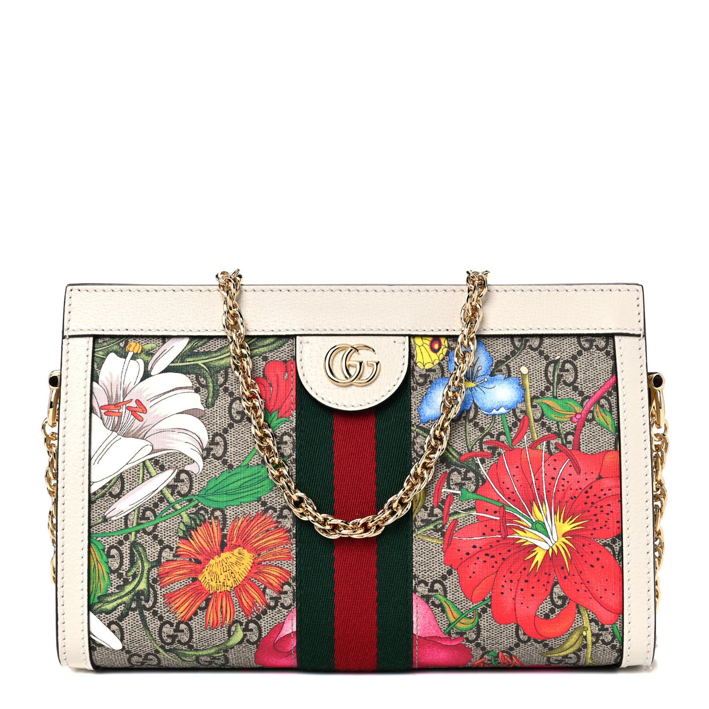 GG Supreme Monogram Flora Web Small Ophidia Chain Shoulder Bag White
