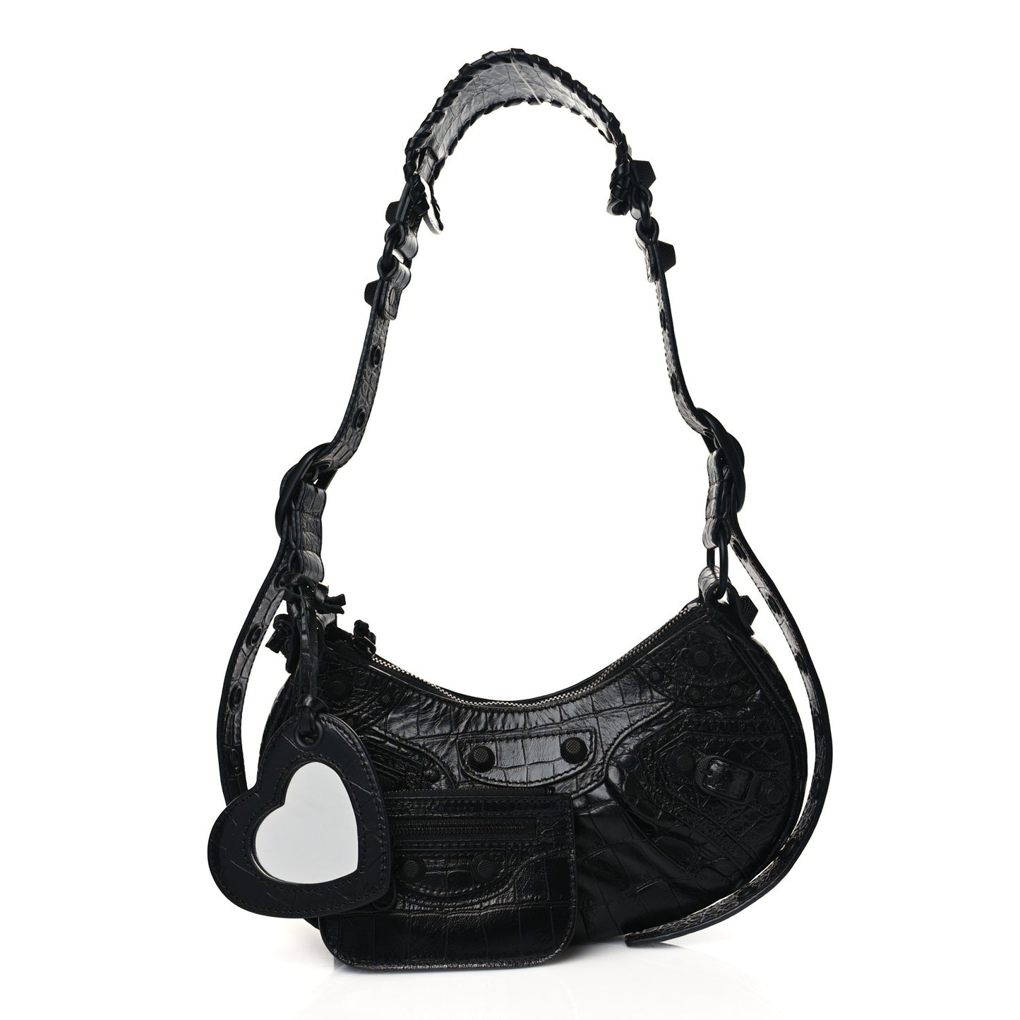 Extra Supple Calfskin Crocodile Embossed Monochrome Le Cagole Shoulder Bag XS Black