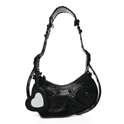 Balenciaga Extra Supple Calfskin Crocodile Embossed Monochrome Le Cagole Shoulder Bag XS Black 1 of 10