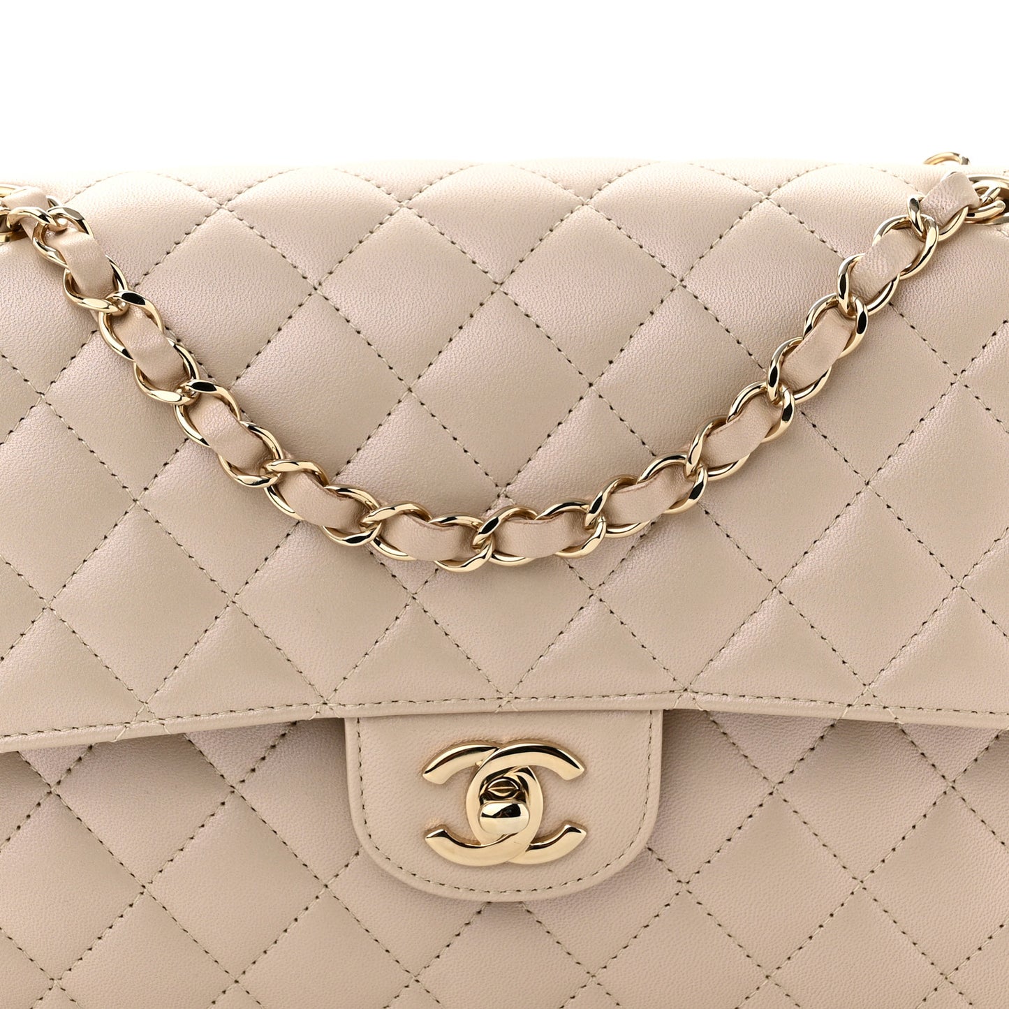 Iridescent Lambskin Quilted Medium Double Flap Light Beige