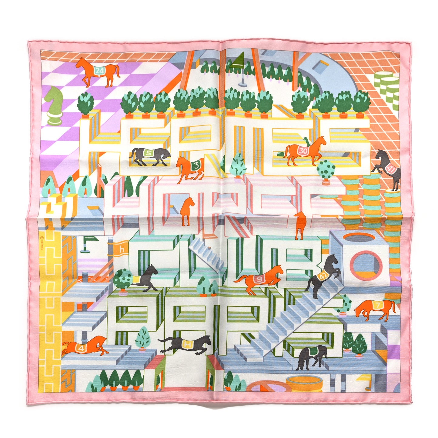 Silk Horse Club Detail Scarf 45 Rose Pale Vert Jaune