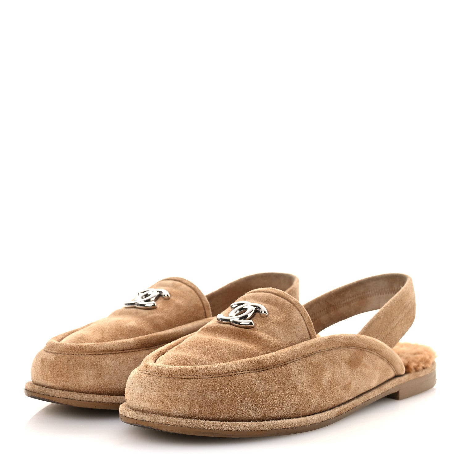 Chanel Suede Calfskin CC Slingback Loafers 38.5 Dark Beige 4 of 12